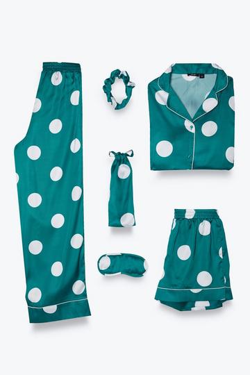 Satin 6pc Polka Dot Pajama Set emerald