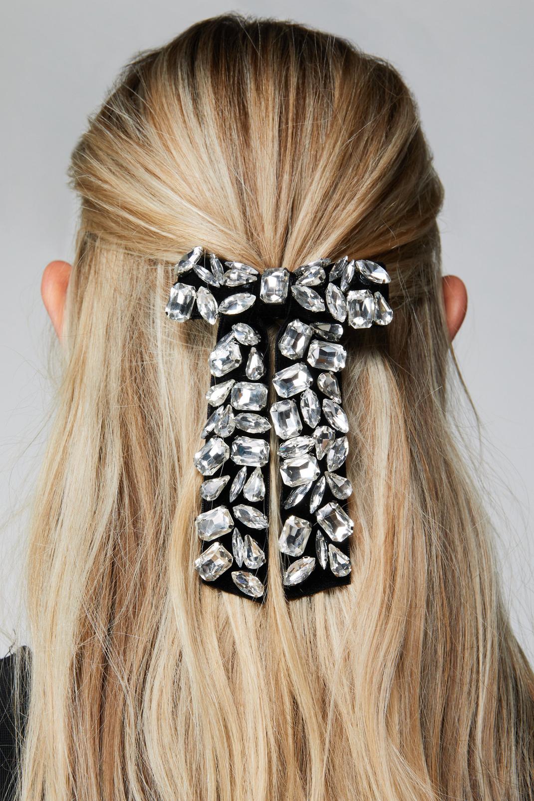 Black Embellished Diamante Oversized Hair Bow Clip image number 1
