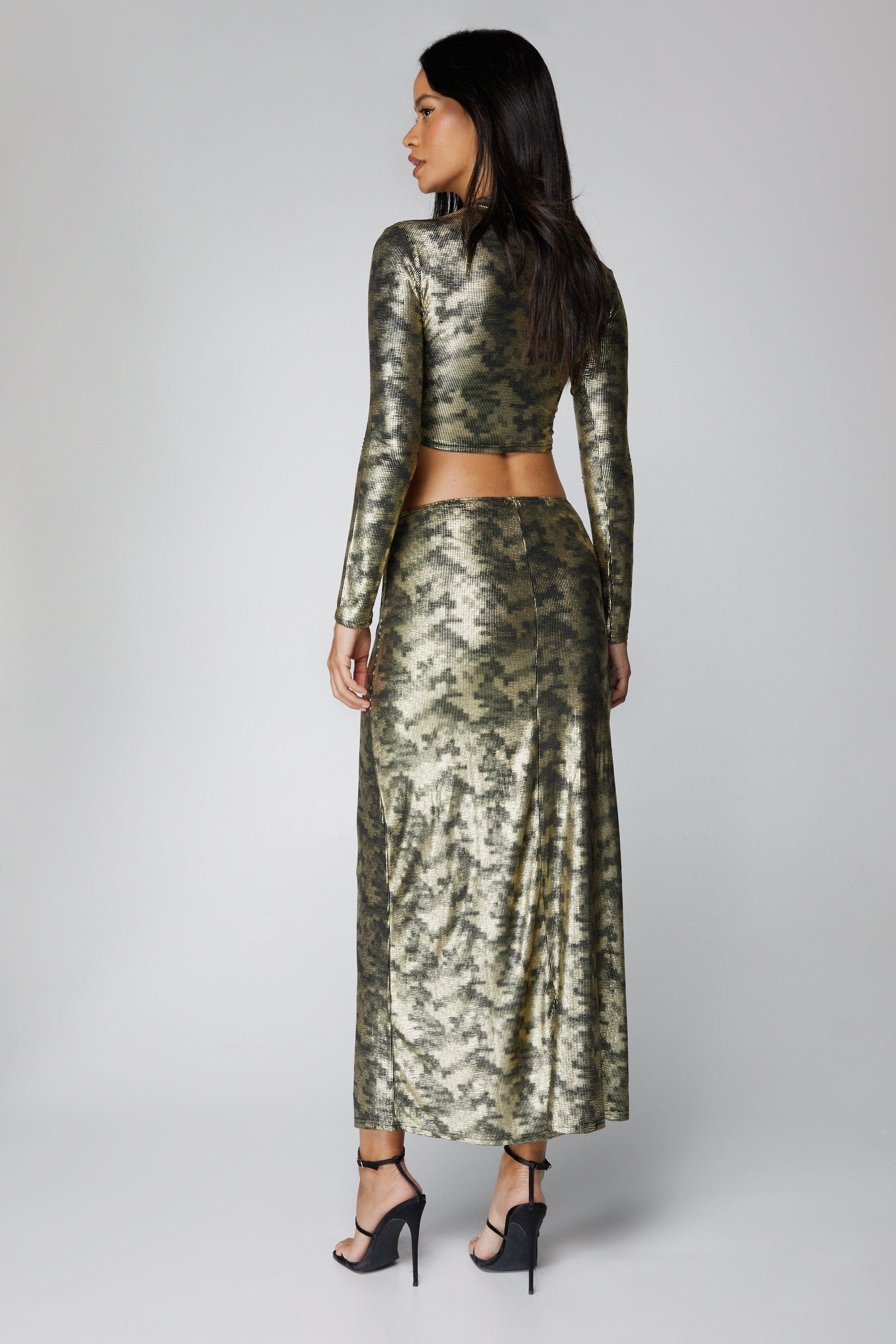 Metallic Crinkle Foil Twist Maxi Skirt