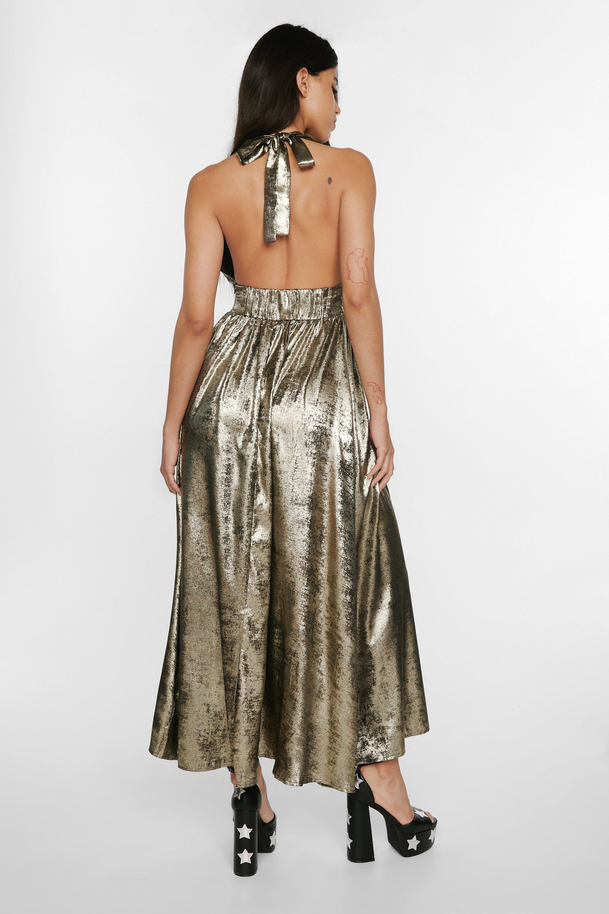 Backless metallic plunge cowl slit dress best sale