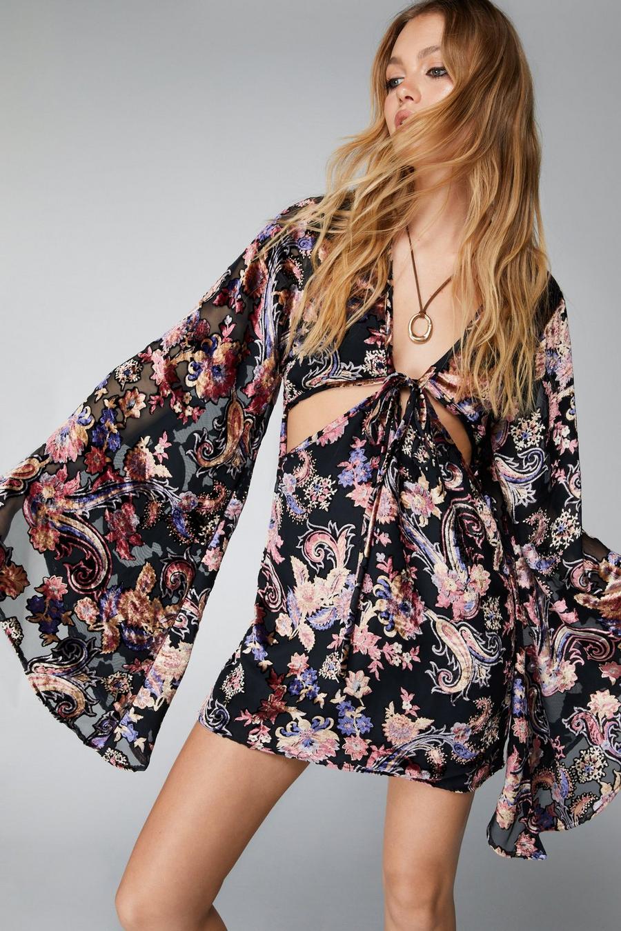 Floral Devore Extreme Flare Sleeve Cut Out Mini Dress