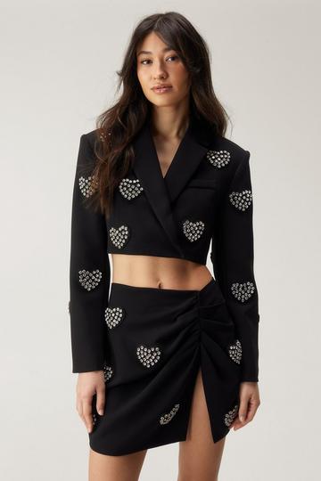 Black Embellished Diamante Heart Ruched Skirt