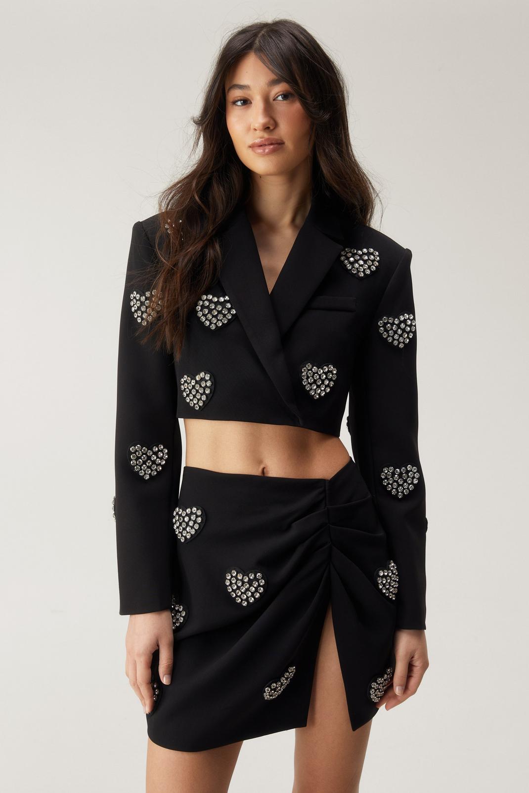 Black Embellished Diamante Heart Ruched Skirt image number 1