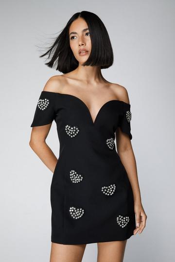 Embellished Diamante Heart Mini Dress black