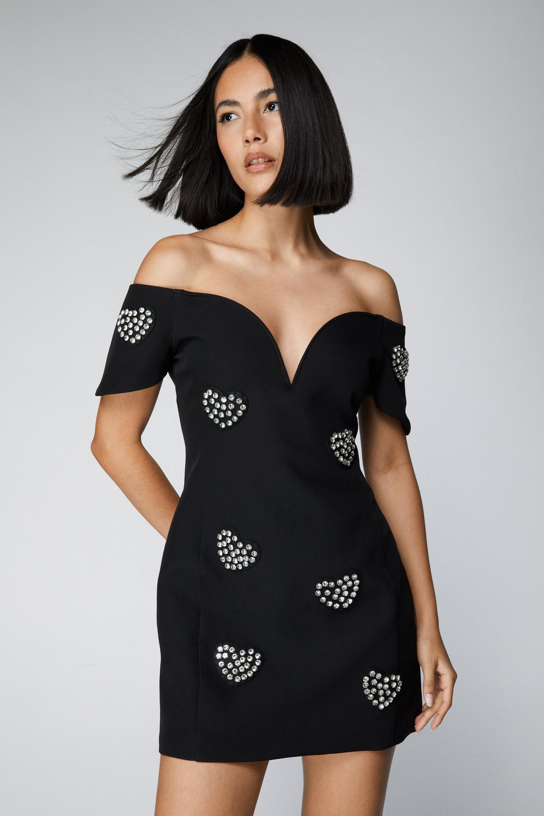 Black Embellished Diamante Heart Mini Dress image number 1