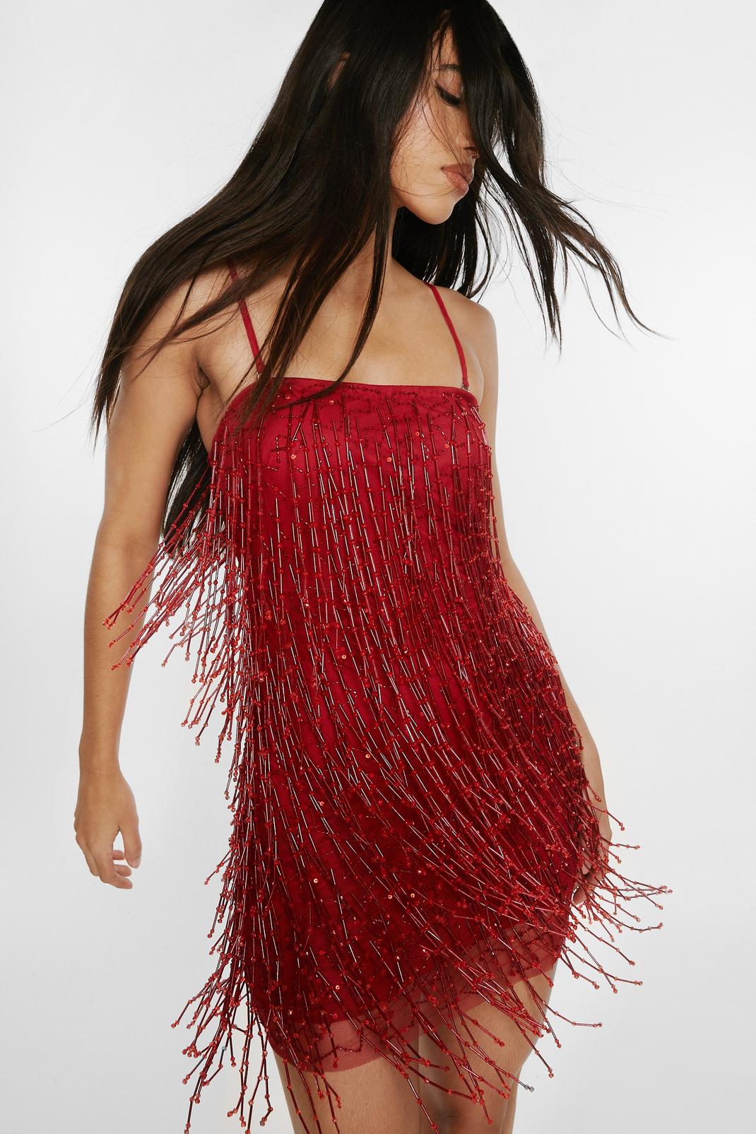 Mini robe à franges perlées, Red image number 1