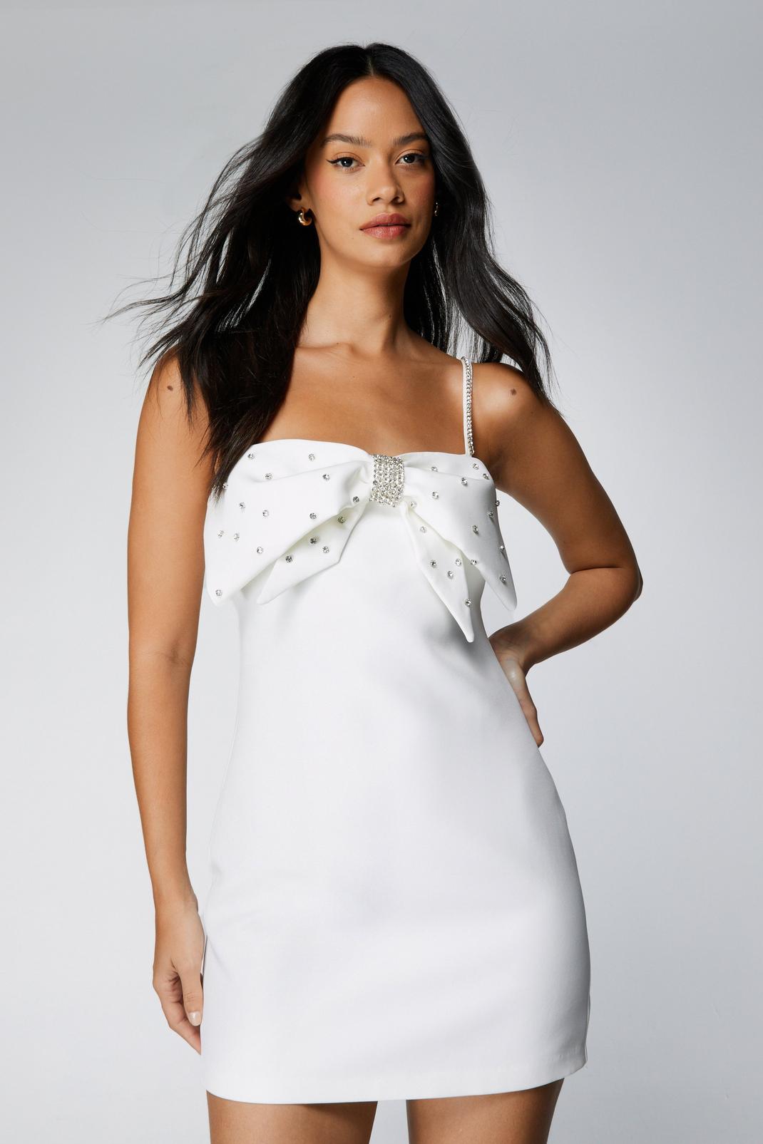 Ivory Premium Embellished Diamante Bow Mini Dress image number 1