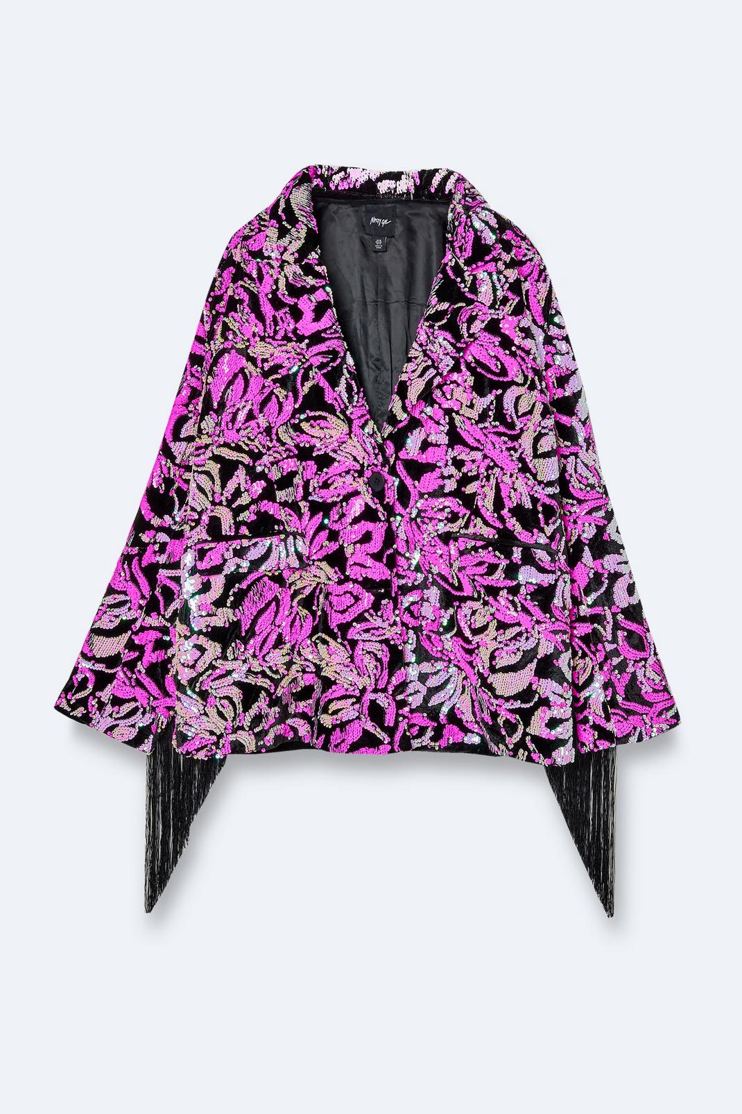Plus Size Fringe Velvet Sequin Blazer, Hot pink image number 1