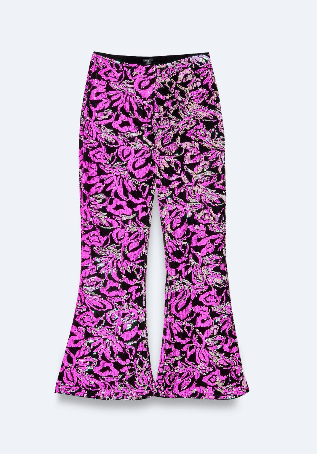 Plus Size Velvet Sequin Flare Pants, Hot pink image number 1