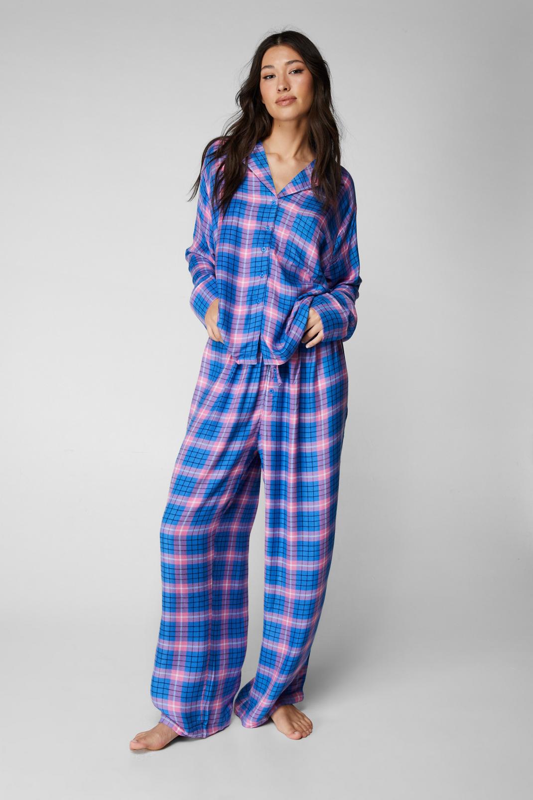 Blue Soft Plaid Pajama Pants Set image number 1