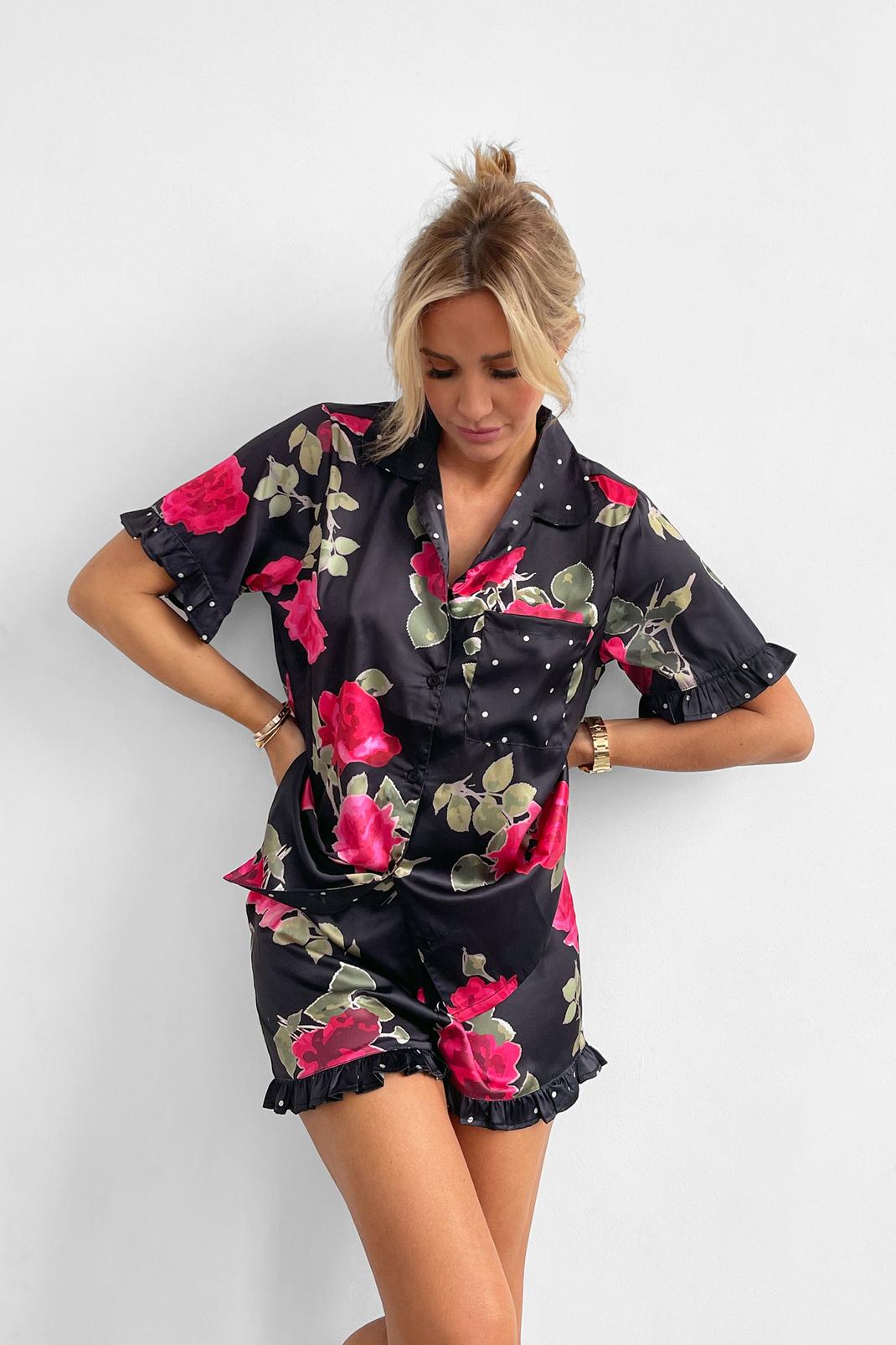 Black Rose Polka Dot Mix Ruffle Pyjama Shorts Set image number 1