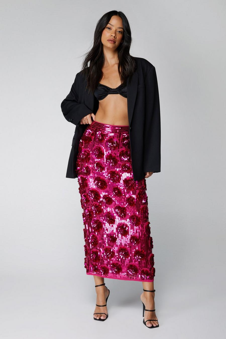 3D Sequin Floral Midi Skirt