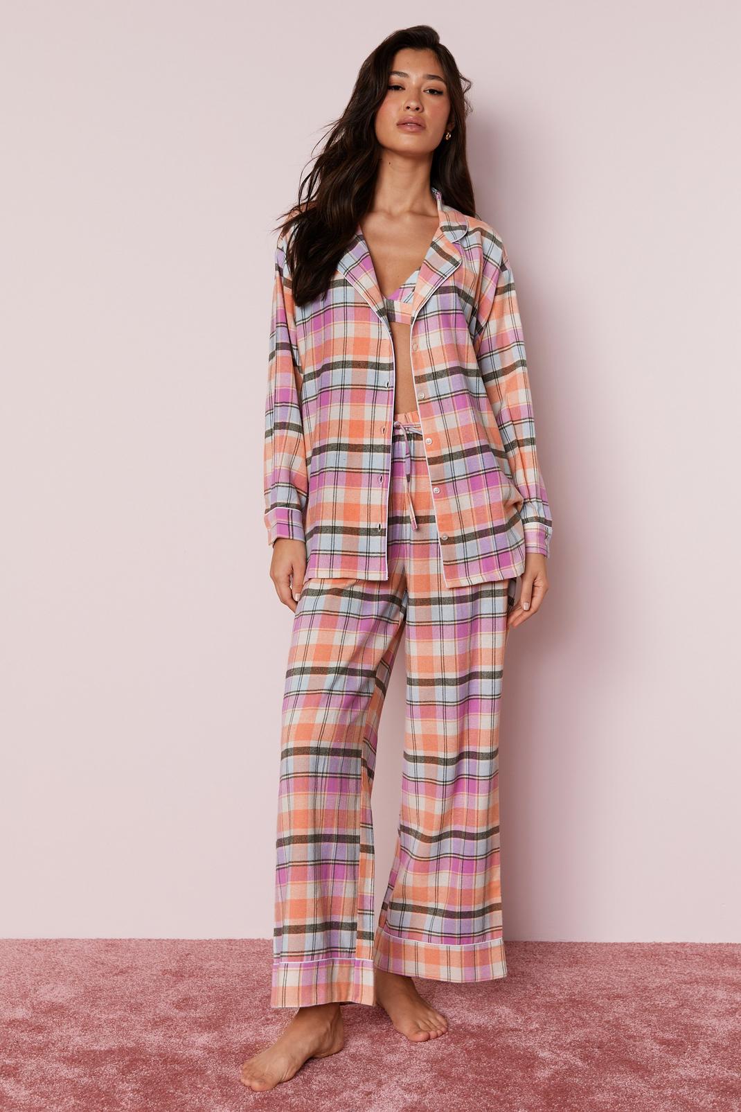 Pink Cotton Yarn Dyed Plaid 3pc Pajama Pants Set image number 1