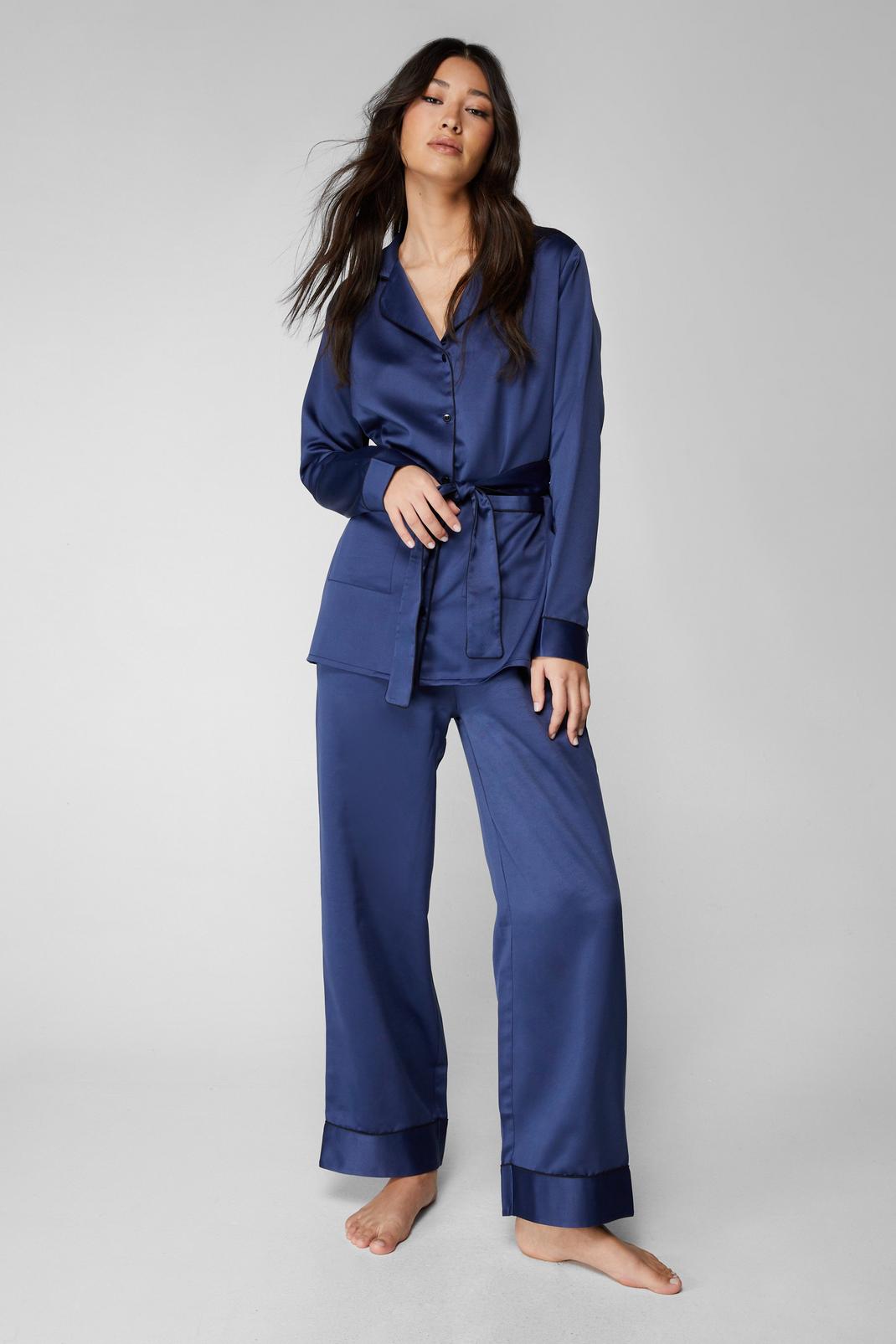 Navy Satin Contrast Piping Belted Pyjama Trousers Set image number 1