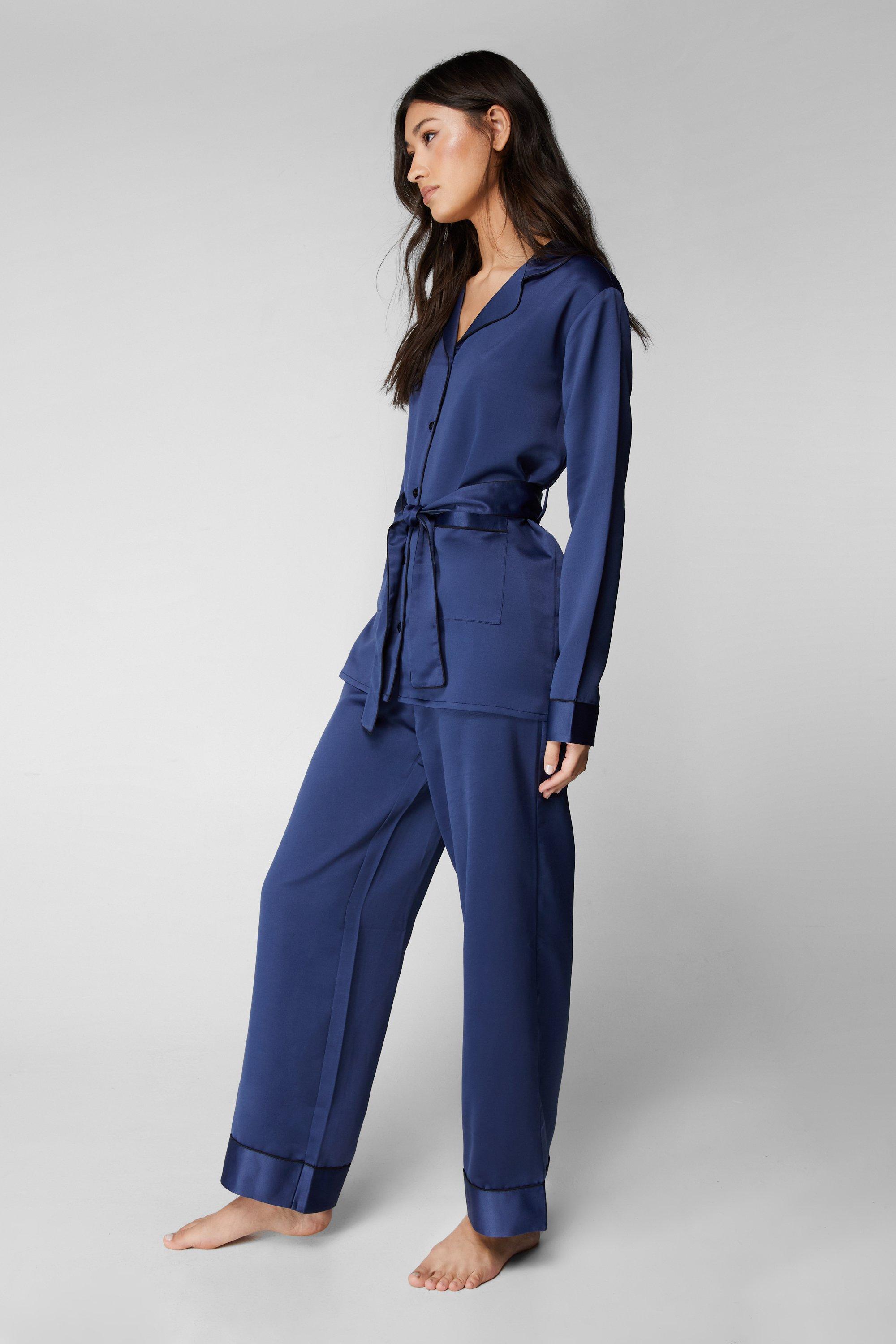 Satin Contrast Piping Belted Pyjama Trousers Set Nasty Gal