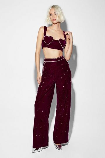 Wide Leg Trousers, Ladies Wine Red High Waist Trousers Double