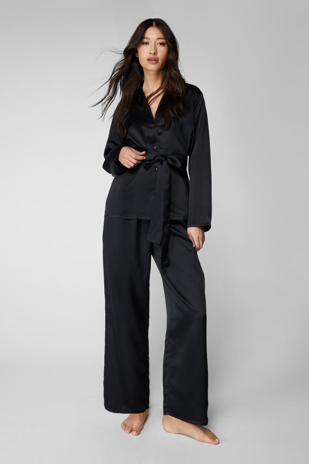 Black Satin Belted Pyjama Trousers Set image number 1