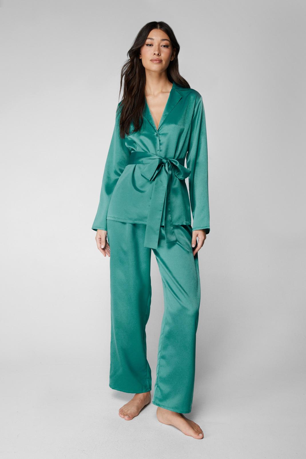 Emerald Satin Belted Pajama Pants Set image number 1