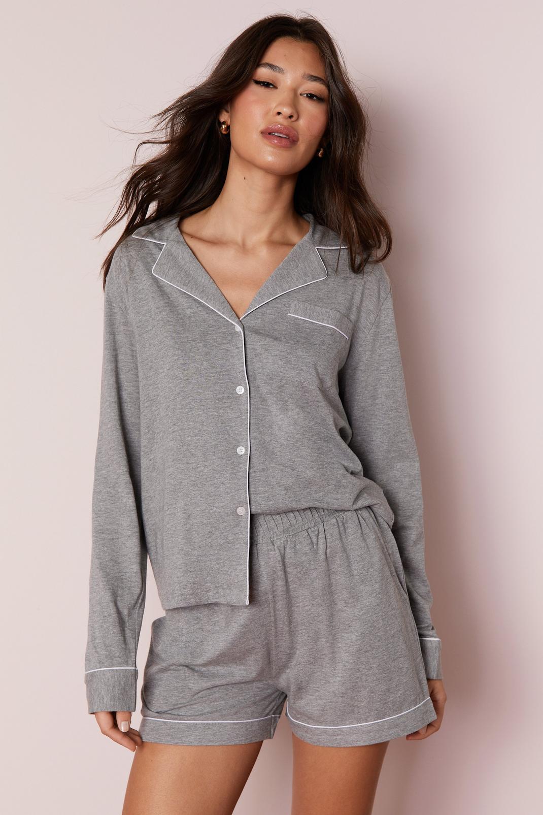 Grey marl Jersey Contrast Piped Long Sleeve Pajama Shorts Set image number 1