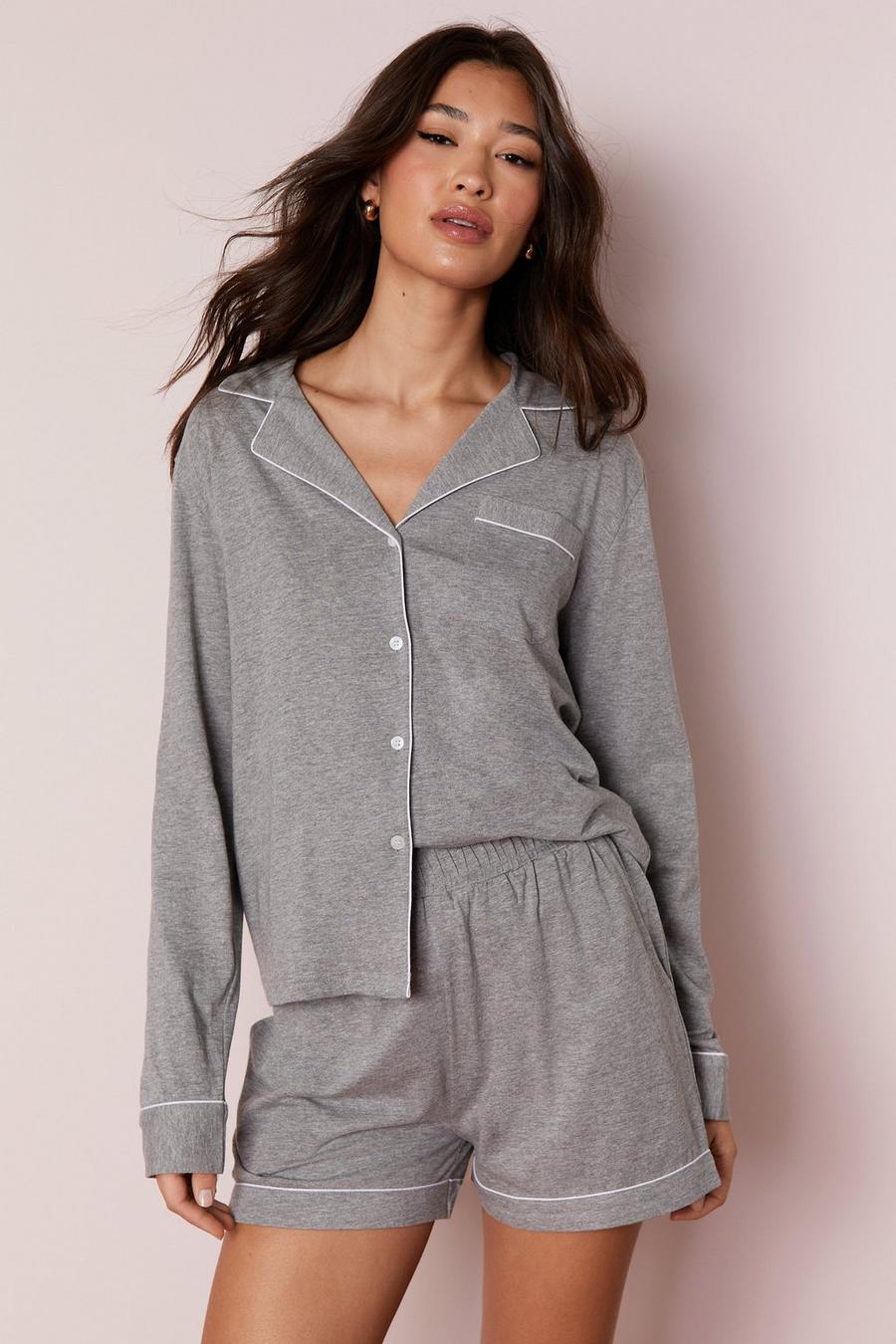 Jersey Contrast Piped Long Sleeve Pajama Shorts Set