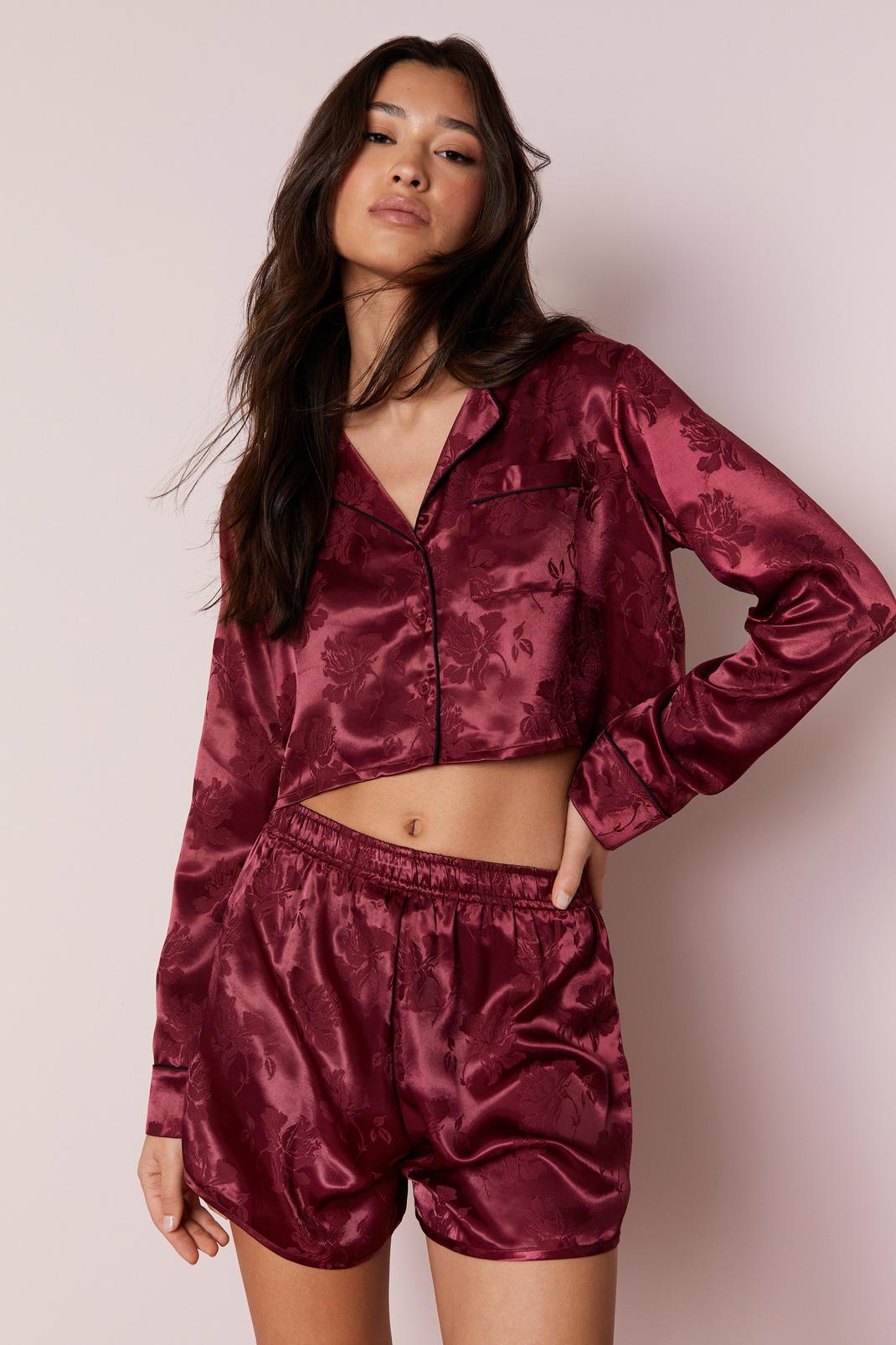 Burgundy Floral Jacquard Satin Piped Long Sleeve Pyjama Shorts Set image number 1