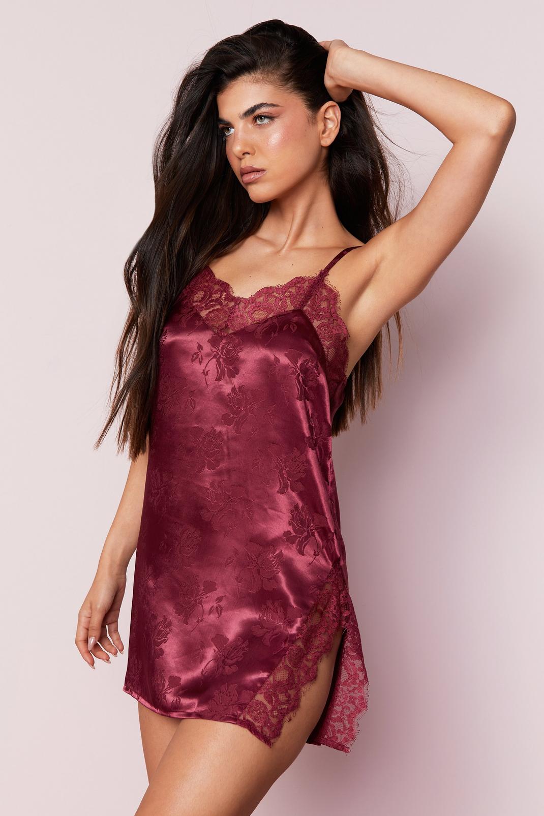 Burgundy Satin Floral Jacquard Lace Nightgown image number 1