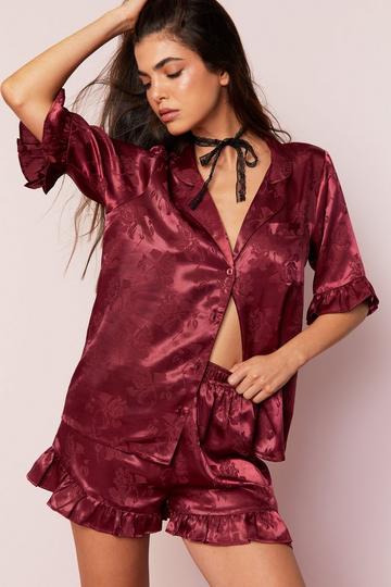 Satin Floral Jacquard Ruffle Pajama Shorts Set burgundy