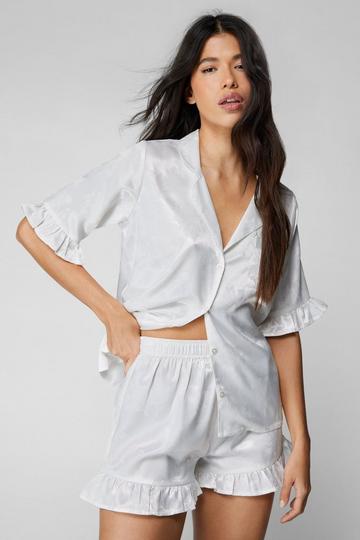 Satin Floral Jacquard Ruffle Pajama Shorts Set white