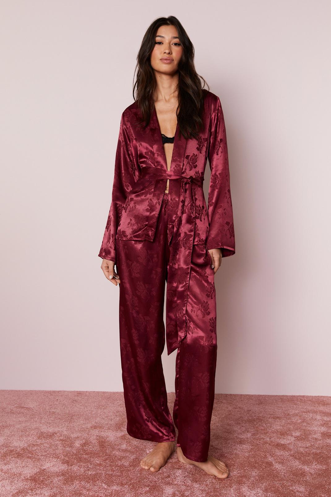 Burgundy Satin Floral Jacquard Belted Pyjama Trousers Set image number 1