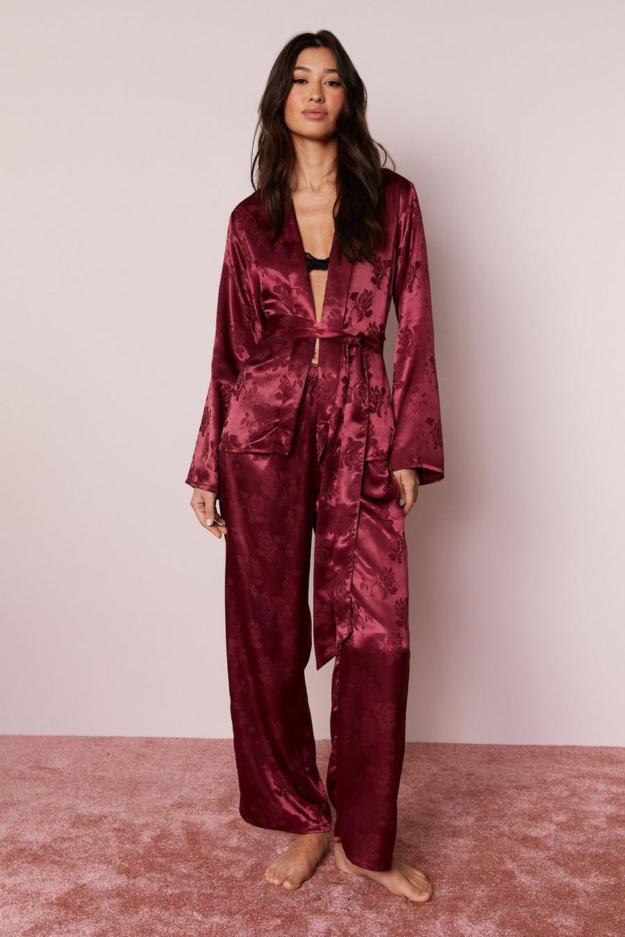 Satin Floral Jacquard Belted Pyjama Trousers Set