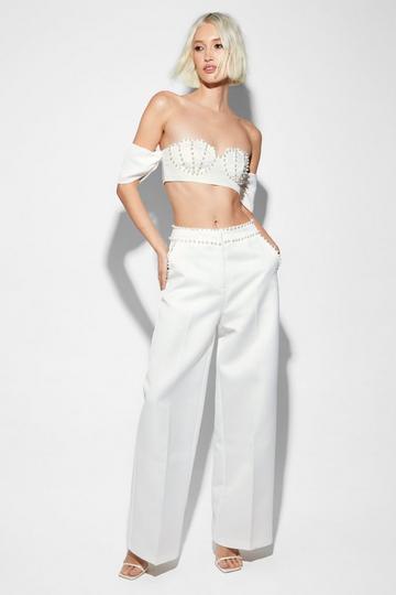 Premium Pearl Embellished Tailored Pants ivory