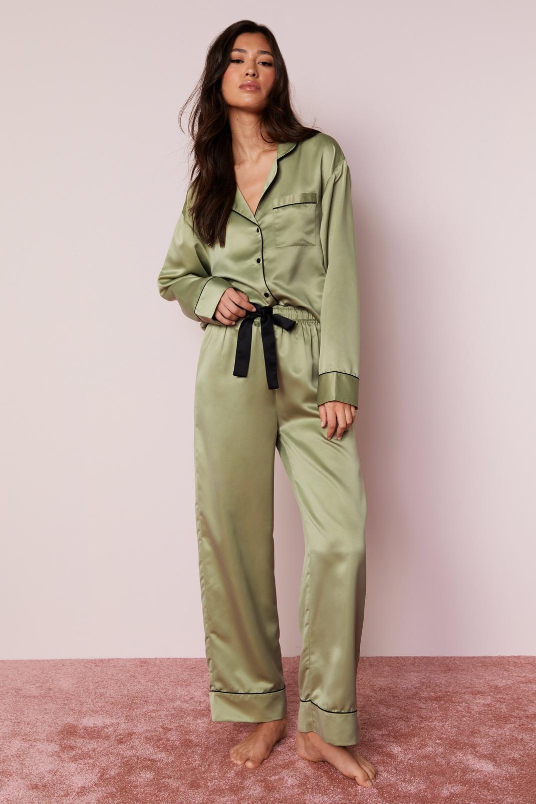 Olive Satin Contrast Piped Pajama Pants Set image number 1