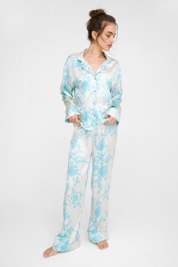 Satin Floral Pajama Pants Set blue