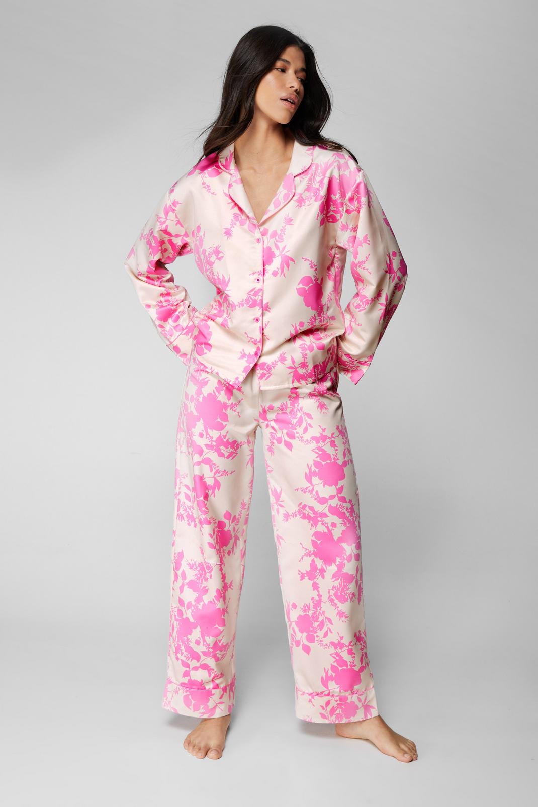 Pink Satin Floral Pajama Pants Set image number 1