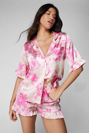 Satin Floral Ruffle Pajama Shorts Set pink