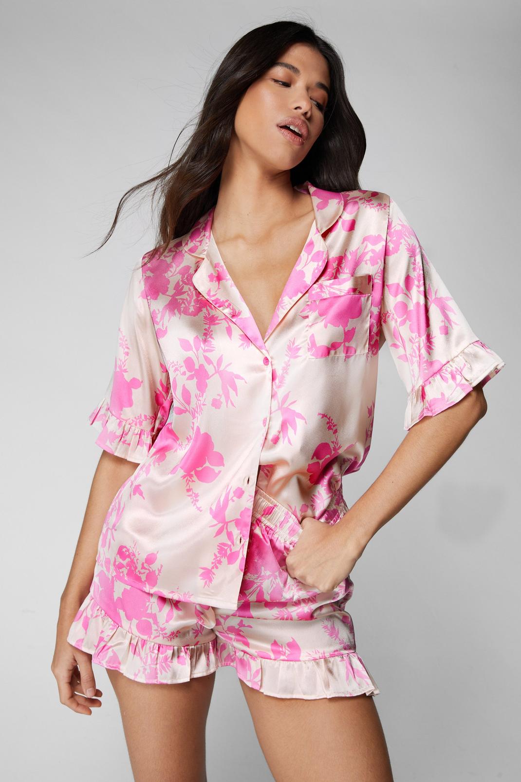 Pink Satin Floral Ruffle Pajama Shorts Set image number 1
