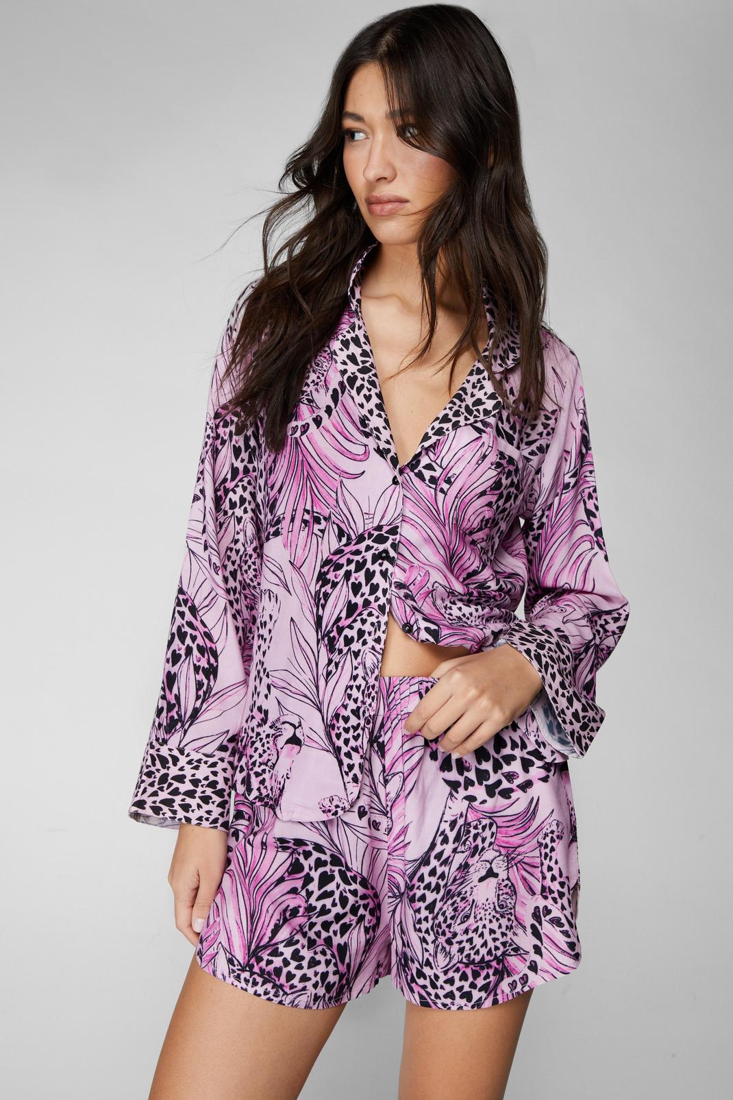 Pink Viscose Cheetah Border Print Pyjama Shorts Set image number 1