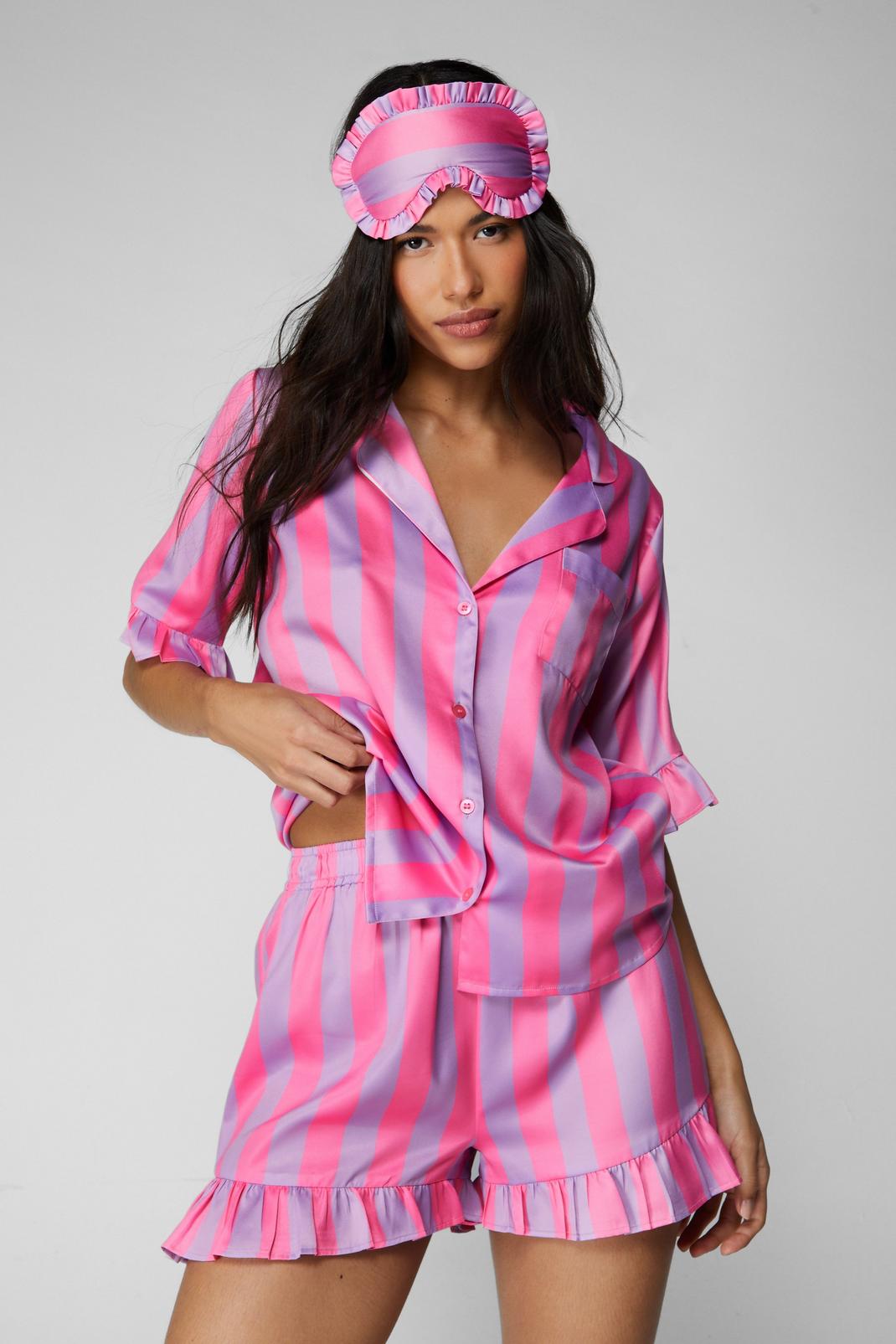 Pink Satin Stripe Ruffle 3pc Pajama Shorts And Eyemask Set image number 1