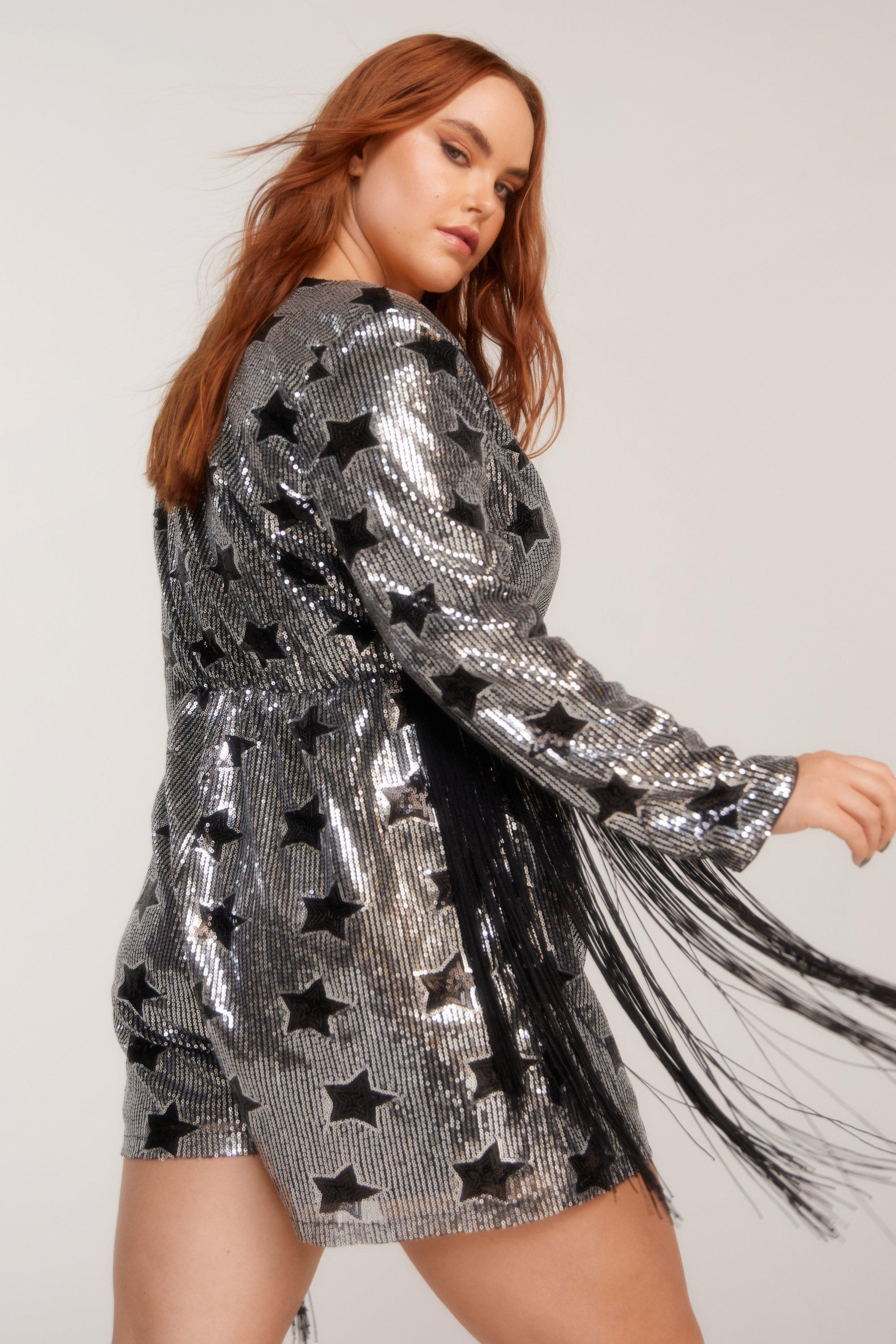 Plus Size Star Sequin Plunge Neck Fringe Romper | Nasty Gal