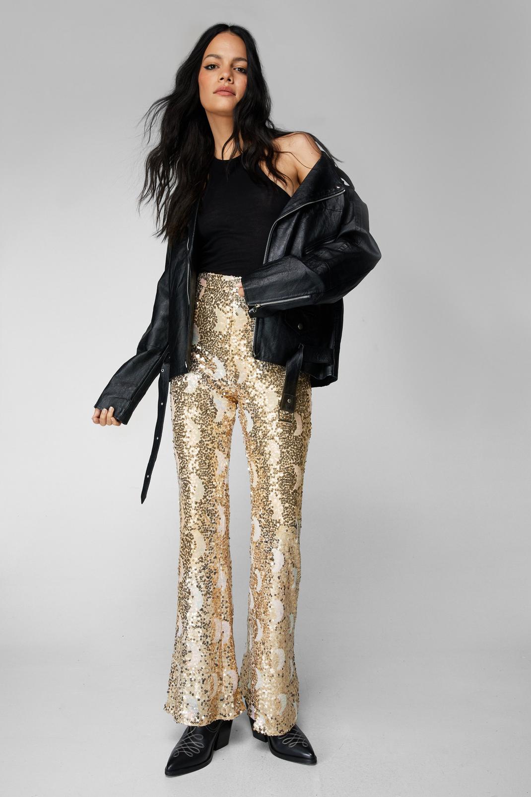 Gold Metallic Moon Sequin Flare Trousers image number 1