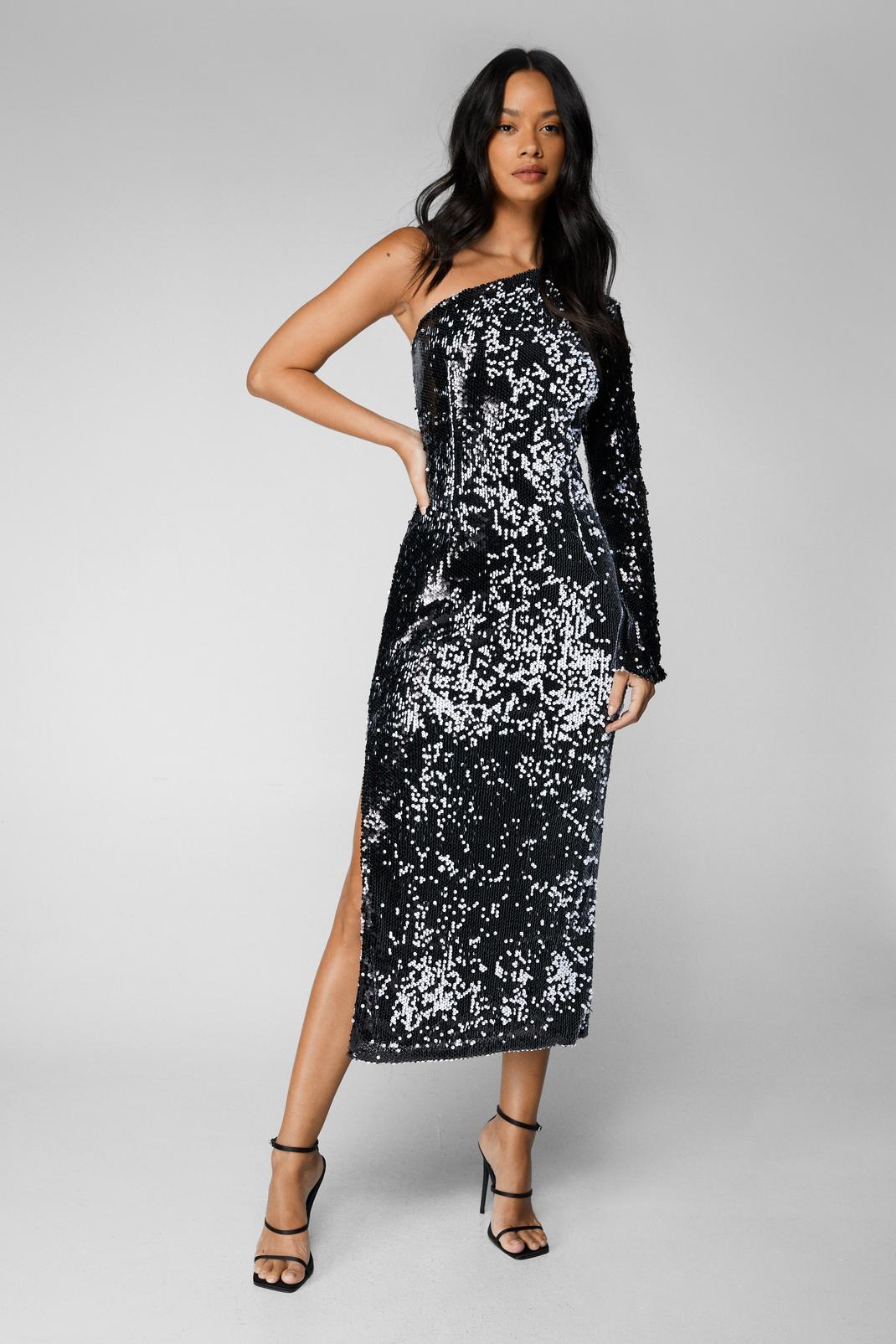 Charcoal One Shoulder Sequin Midi Dress image number 1