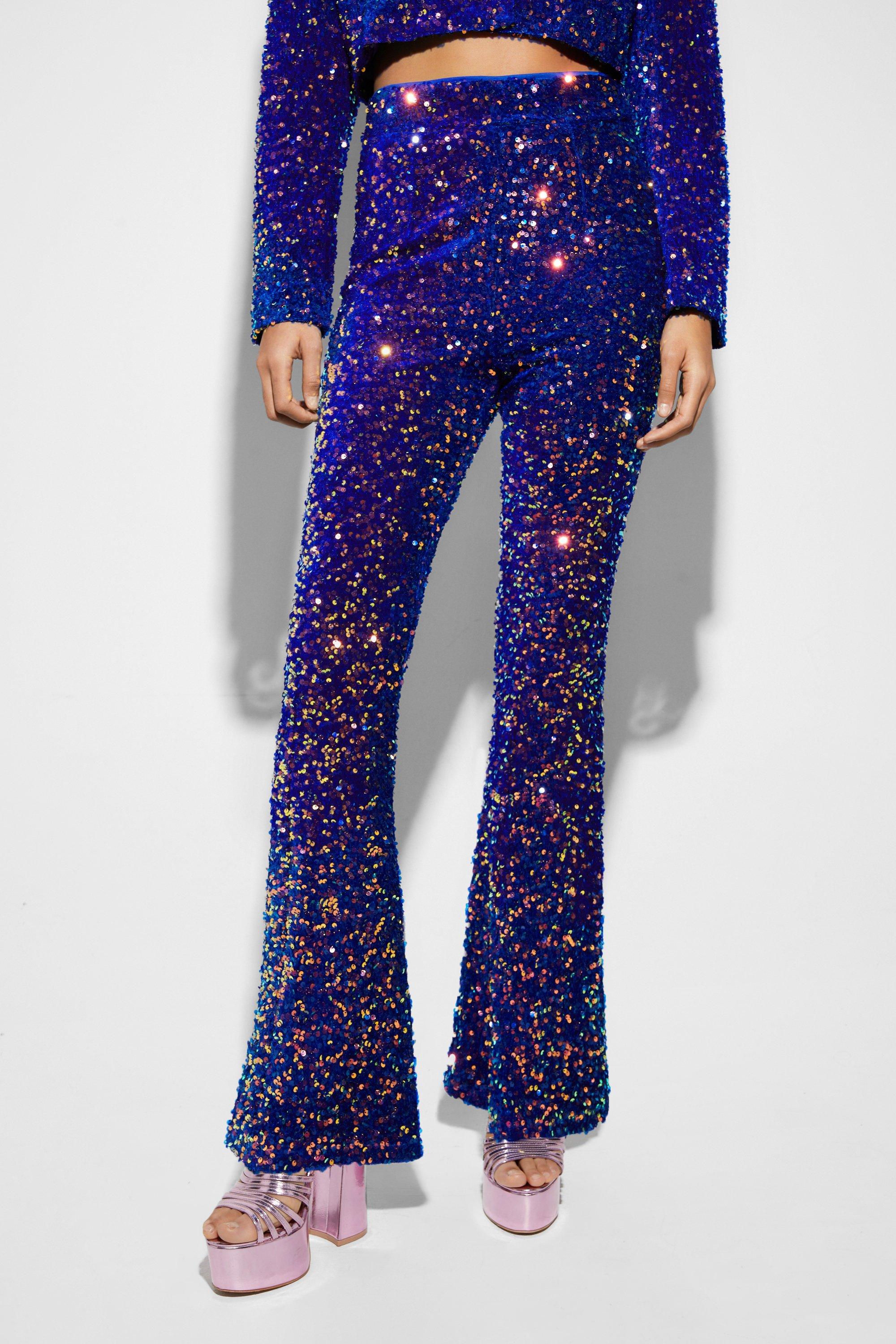 Velvet Rhinestone Embellished Flare Trousers