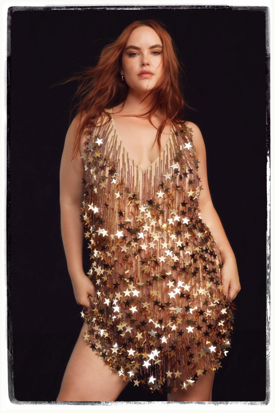 Plus Size Star Tassel Beaded Plunge Mini Dress, Rose gold image number 1
