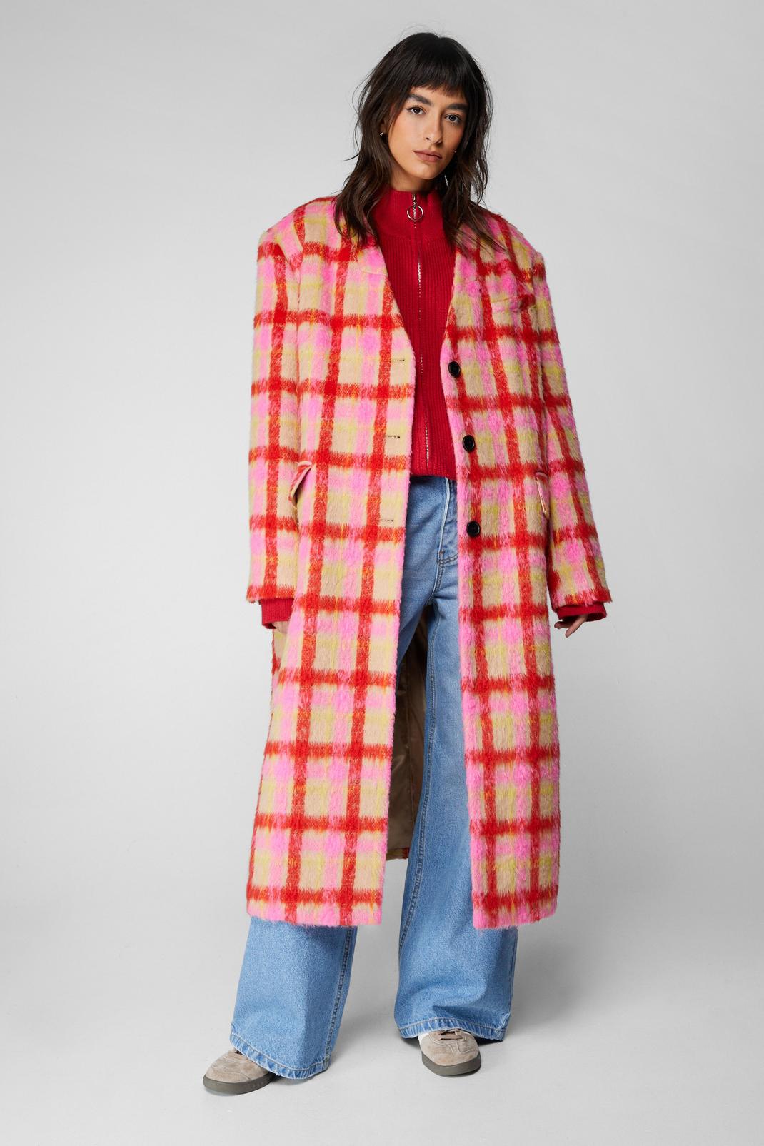 Pink Premium Neon Check Tailored Duster Coat image number 1