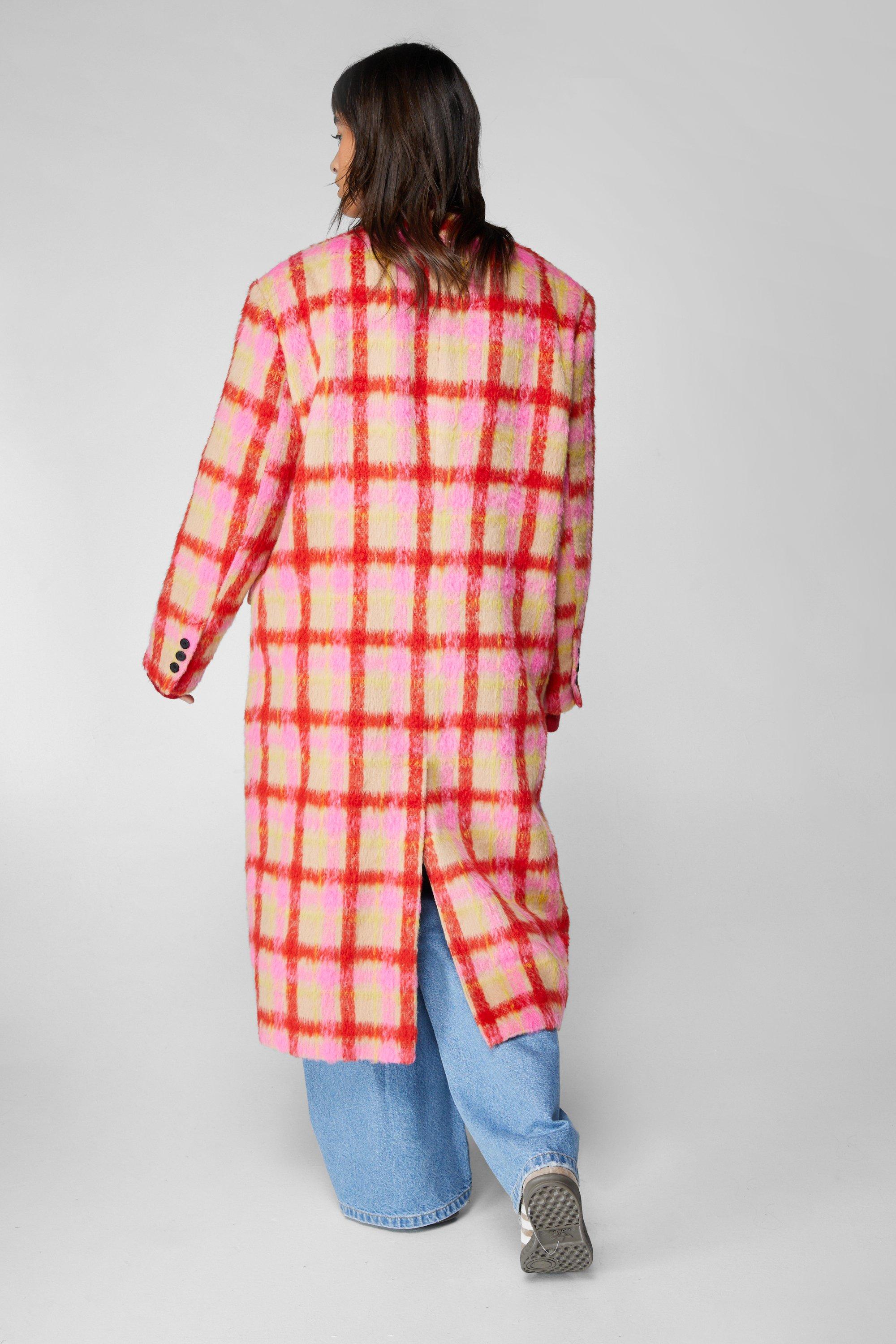 Premium Neon Plaid Tailored Duster Coat