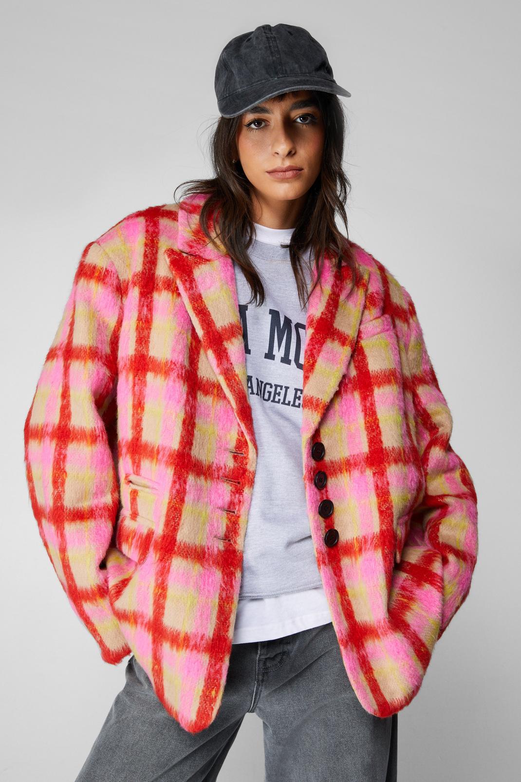 Pink Premium Neon Check Tailored Blazer Coat image number 1