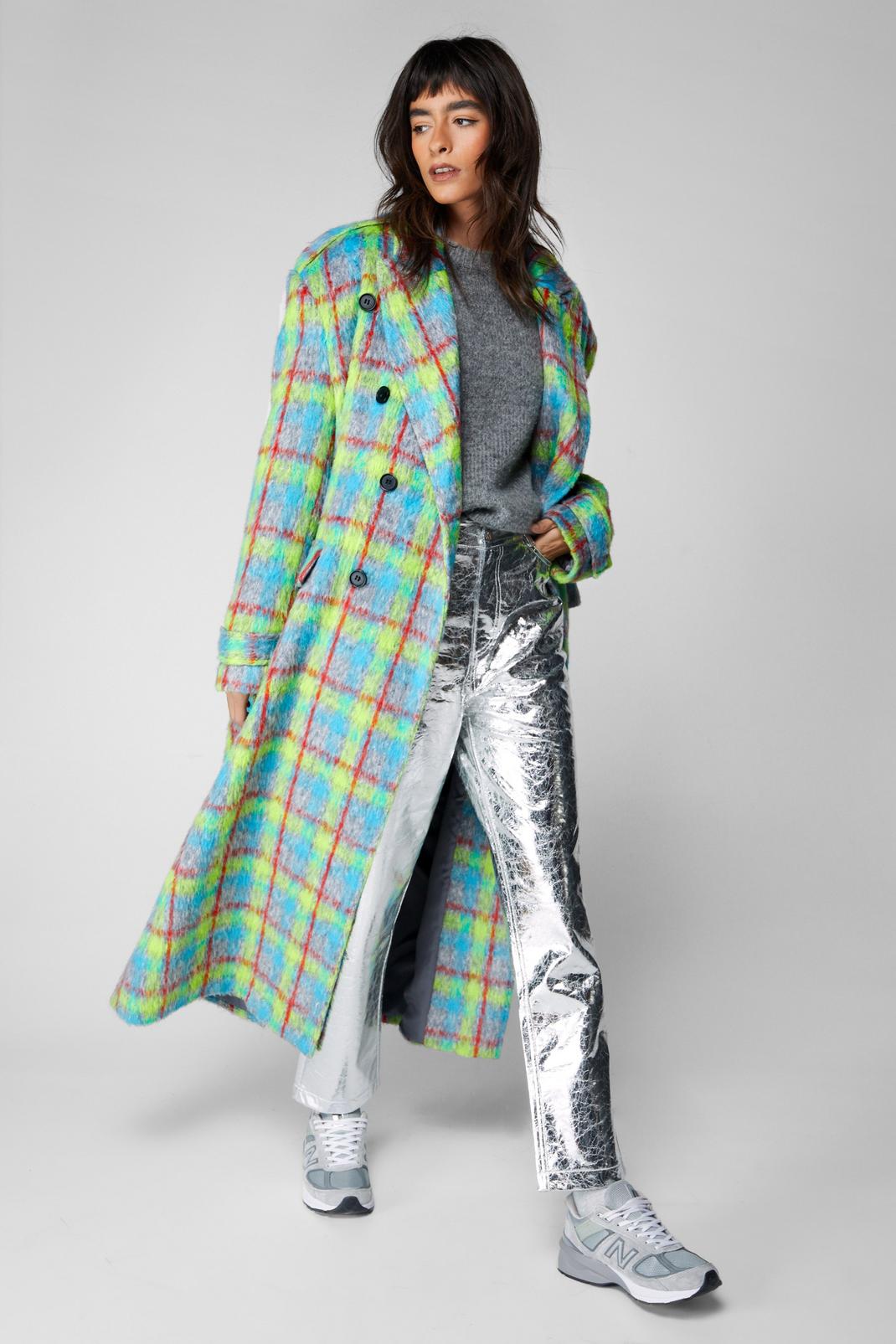 Premium Neon Plaid Tailored Longline Coat image number 1