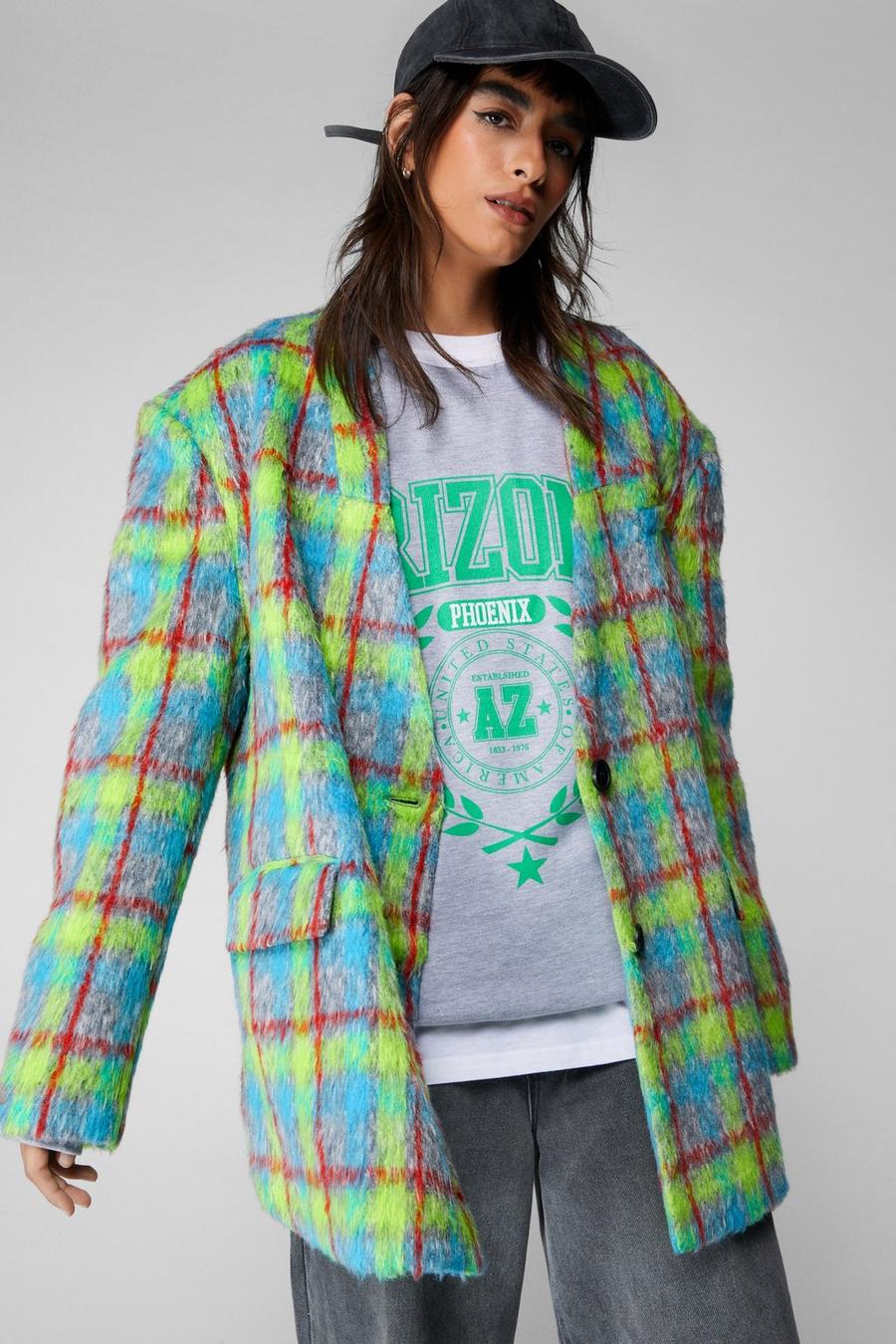 Premium Neon Plaid Tailored Blazer Coat