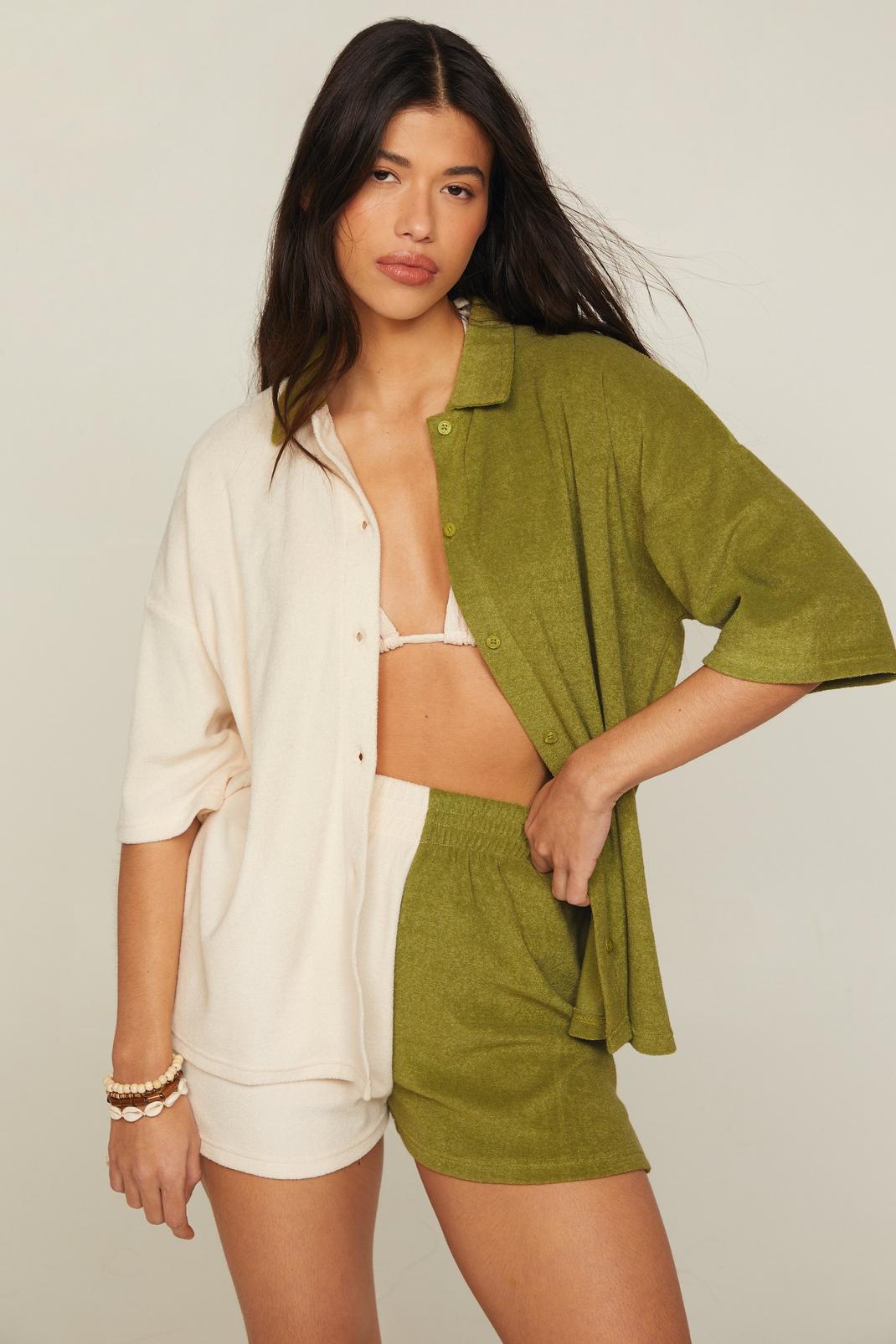 Olive Towelling Splice Shirt And Shorts Beach Set image number 1