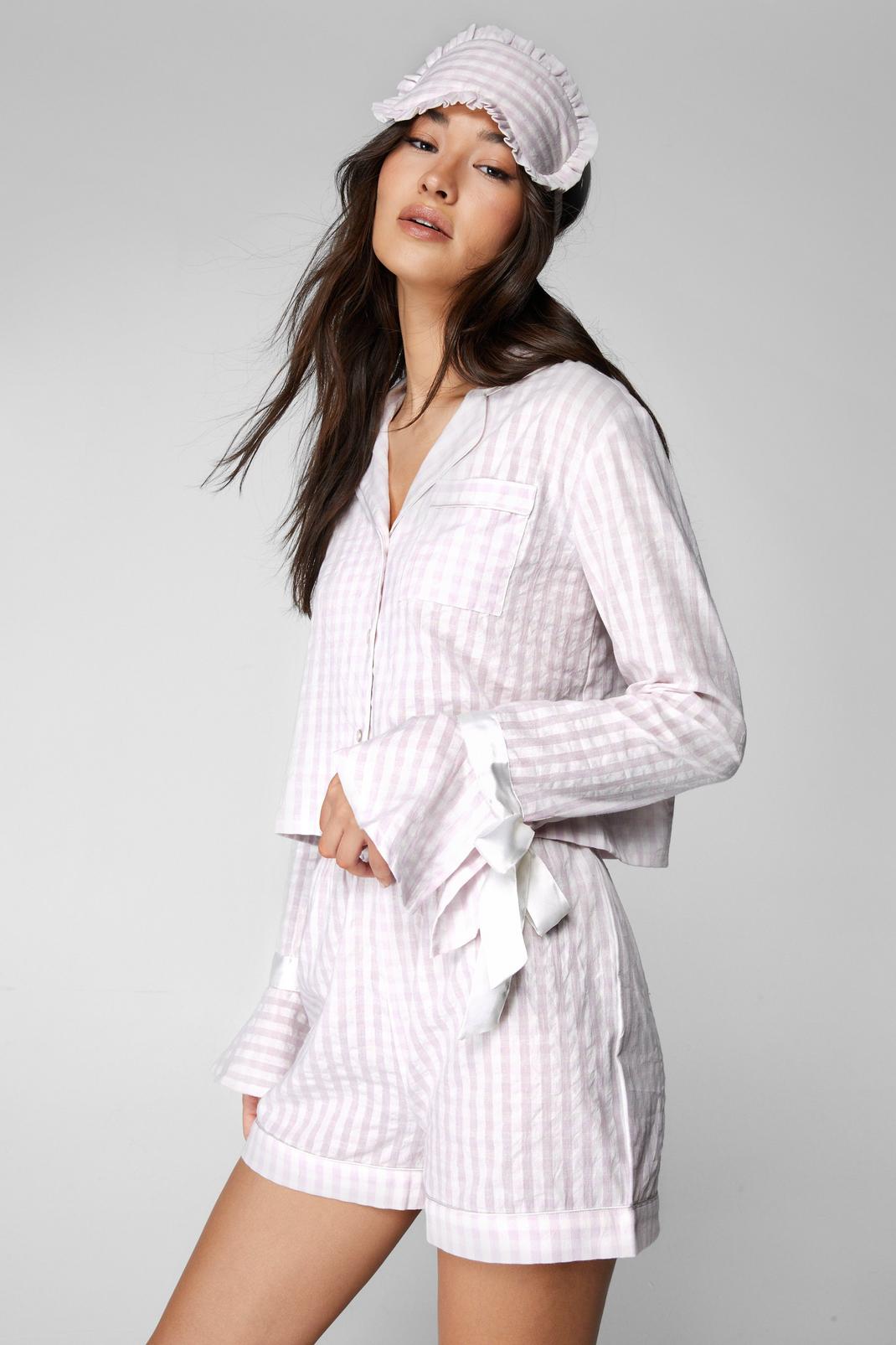Pink Cotton Gingham Ruffle Tie Sleeve 3pc Pajama Shorts Set image number 1